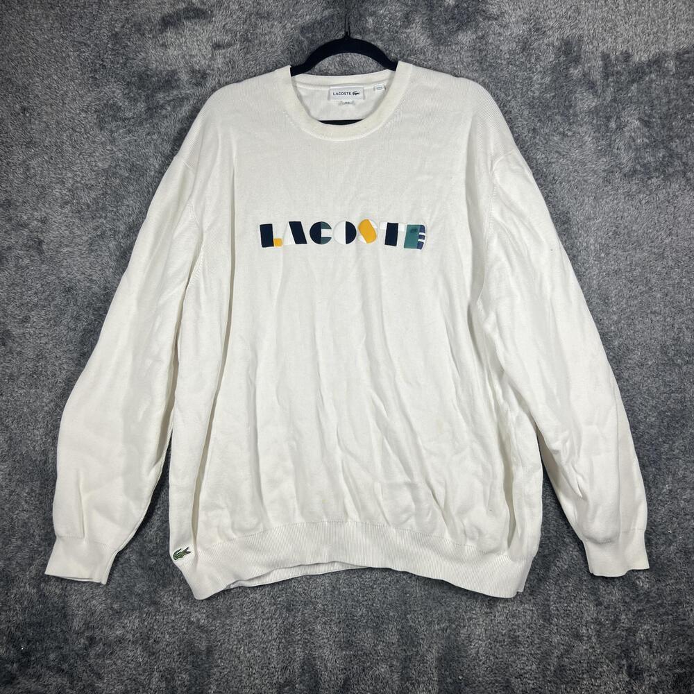 Lacoste Sweater Mens 4XL White Graphic Pullover Crew Neck Cotton Embroidered